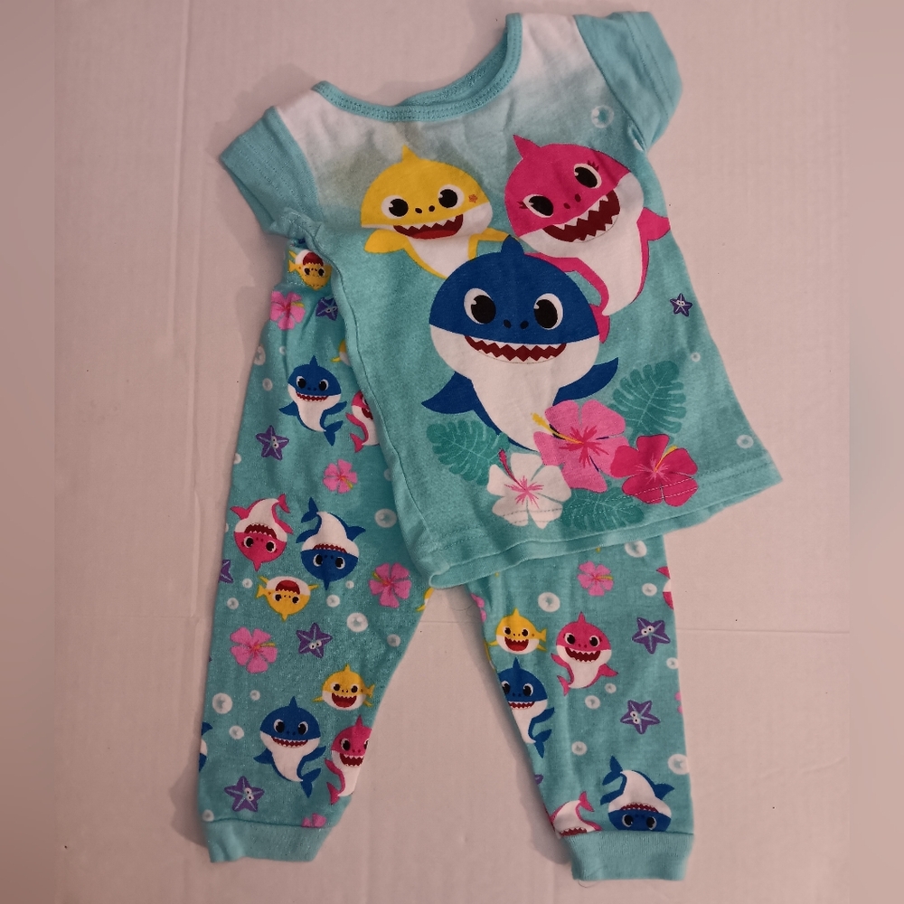 Baby Shark Blue Pink Short Sleeved Pajama Set 12 Month